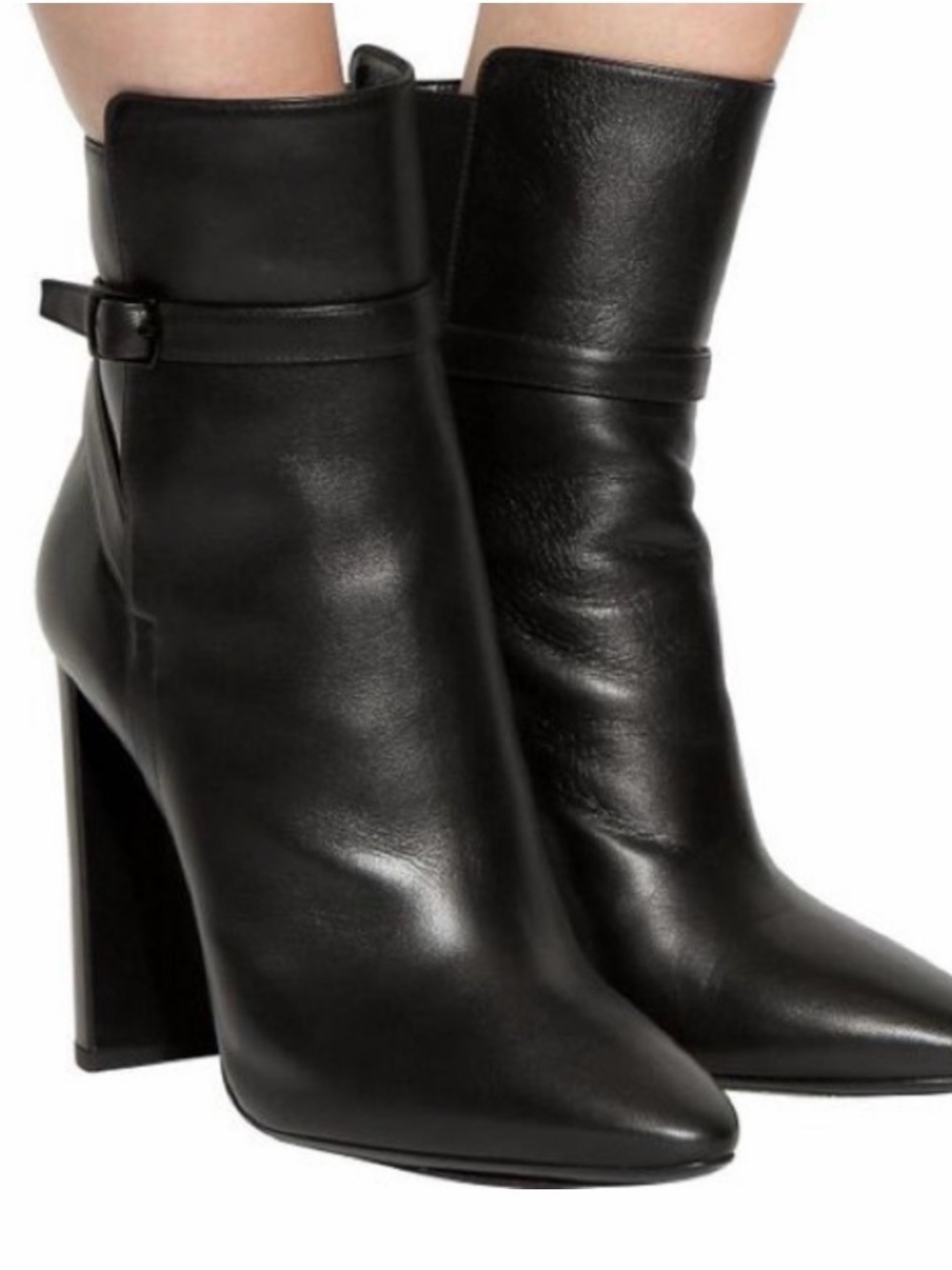 Saint Laurent Black Leather Pointed Ankle Boots with Strap
